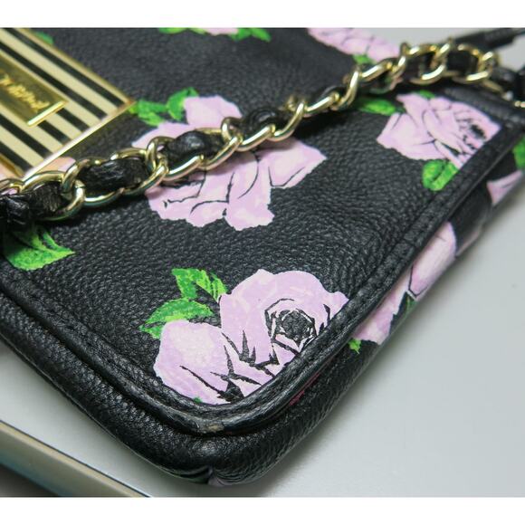 BETSEY JOHNSON Mini Cross Body Purse Wallet Bag Black/Roses Chain Strap - Picture 12 of 12